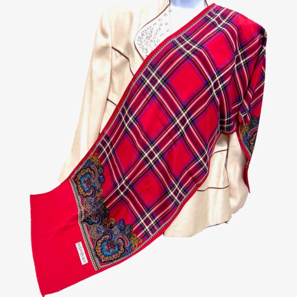 Beautiful Yves Saint Laurent YSL  Silk Satin Scarf 60"x15" Red Green Fringe (22 - Picture 3 of 9